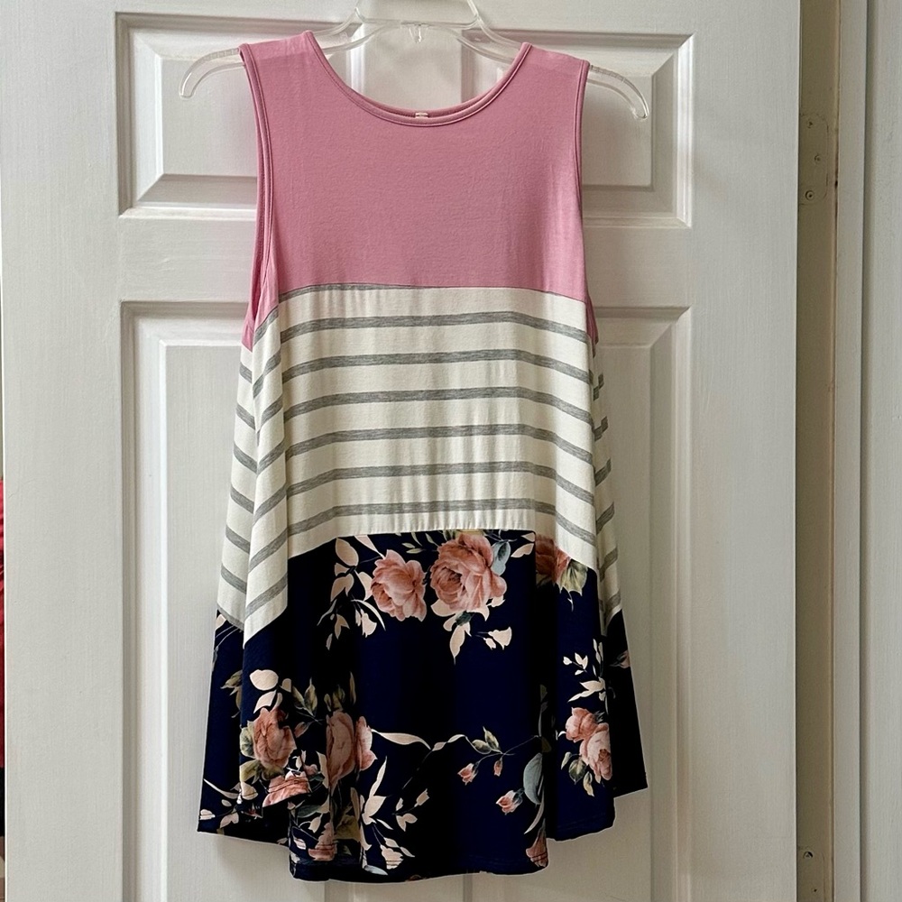 Bellamie Pink and Gray Asymmetrical Tiered Tank Top